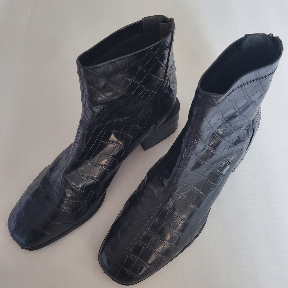 Staccato Black Croc Boots Leather Square Toe Chunky Heel Y2K Grunge Sz 8.5 EUC